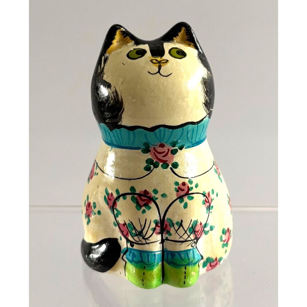 VTG Hand Painted Cat Figurine Folk Art Kitty Floral Dress Green Eyes Cottagecore